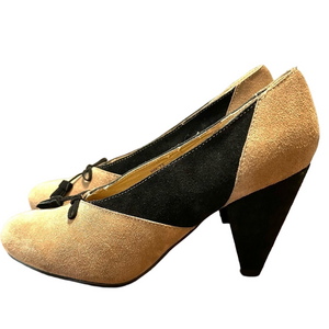 UO Kimchi Blue black tan suede bow cone heels